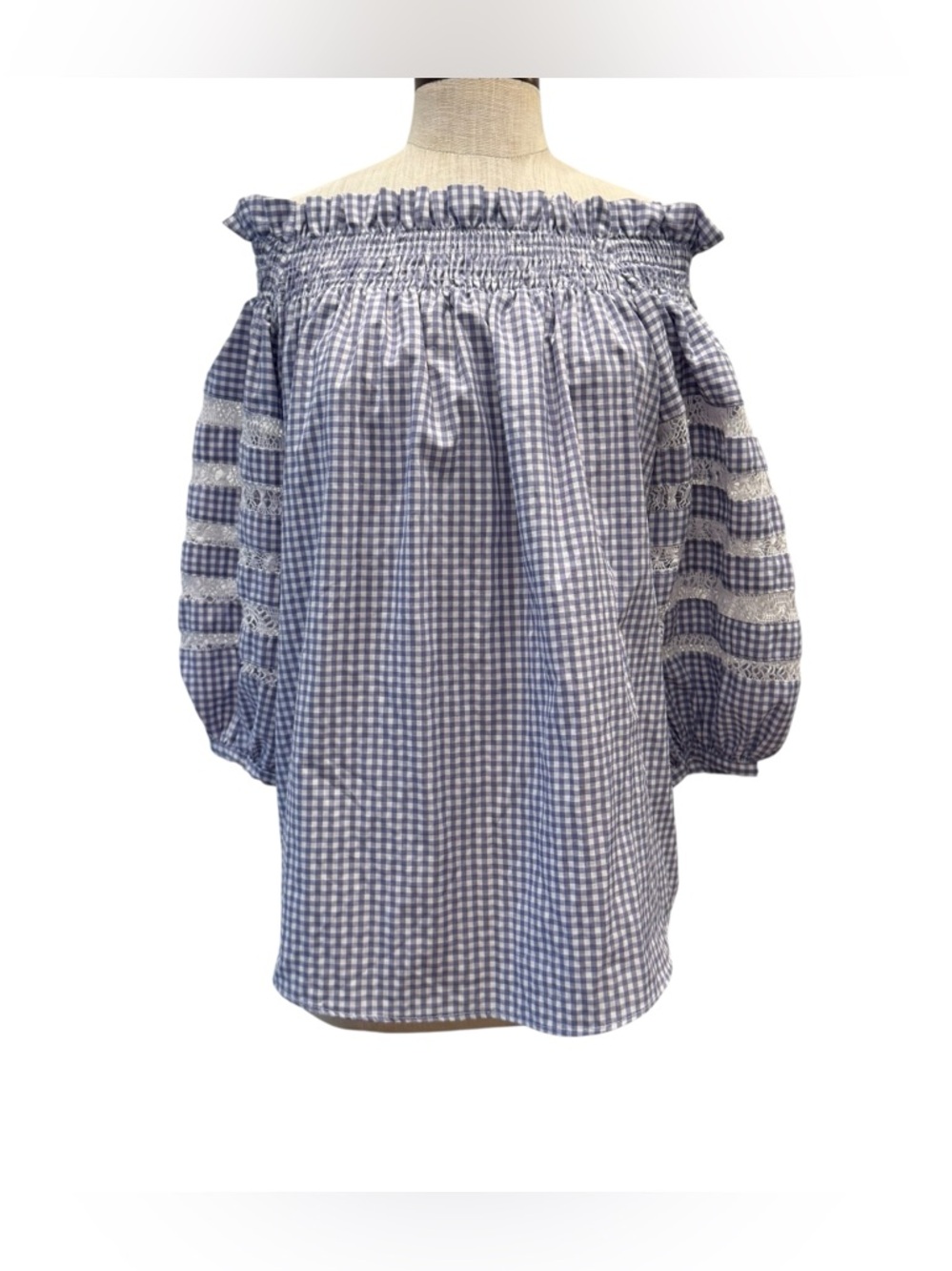 Mi Golondrina blue gingham off the shoulder blouse
